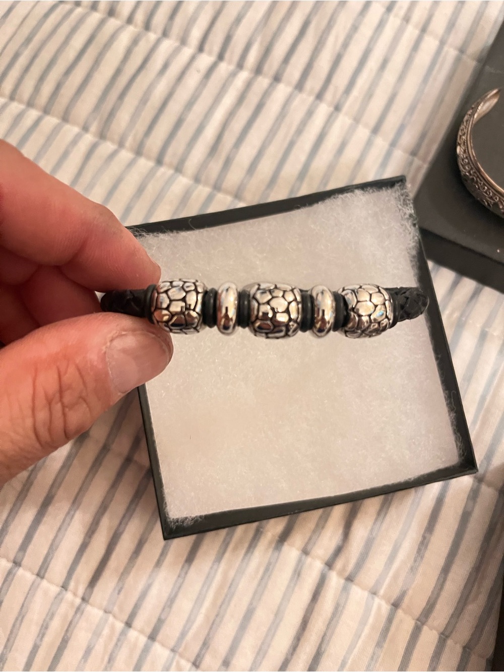 Men's Black Braided Leather Bracelet with Silver Bead Accents